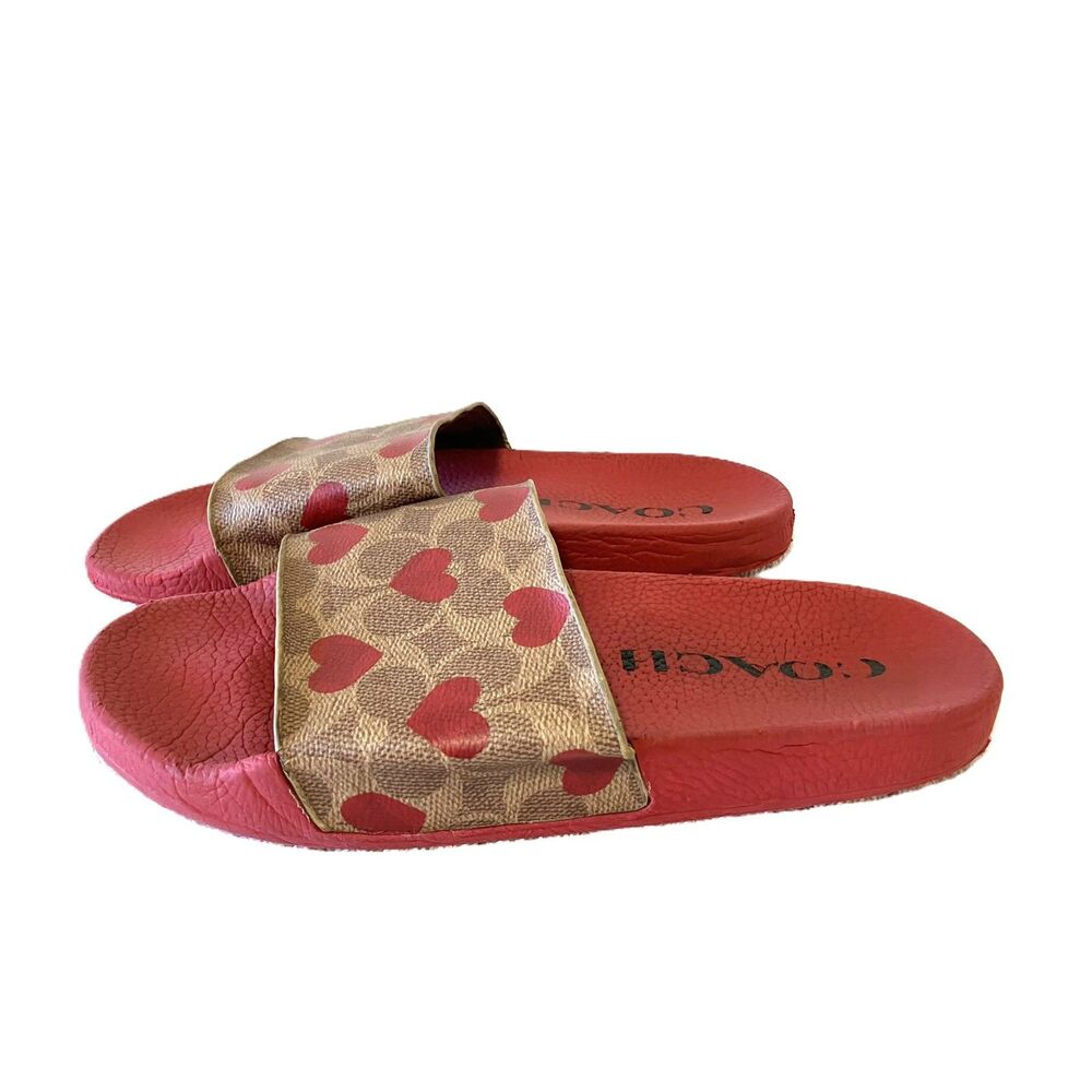 Coach Signature Heart Slide Sandals Red Tan Women Size 8B C8997